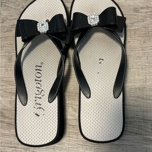 Brighton Black Sandals with Rhinestone Bow